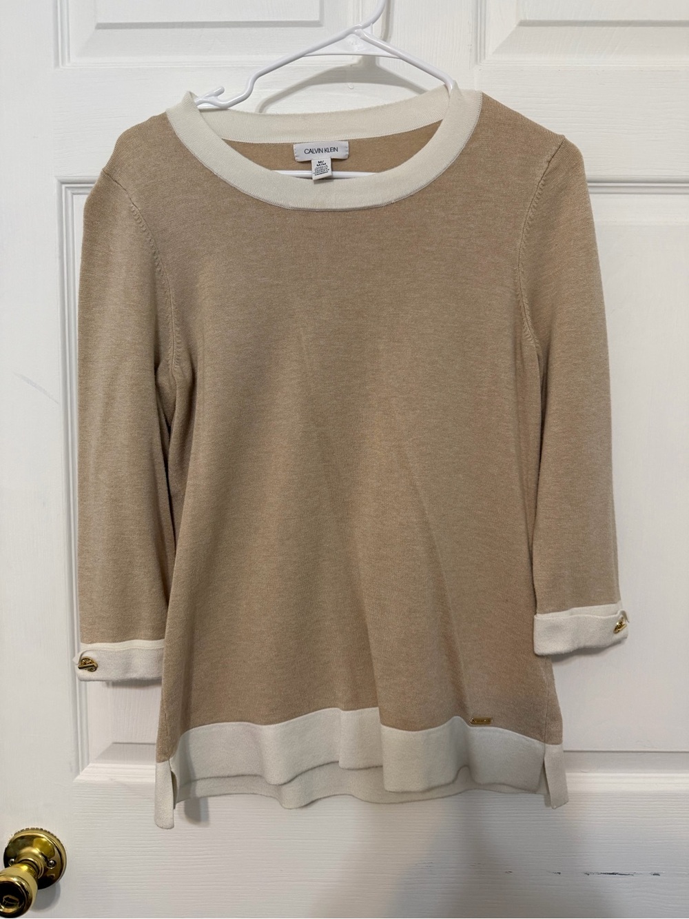 Calvin Klein Beige Sweatshirt with Cream Trim and Gold Accent